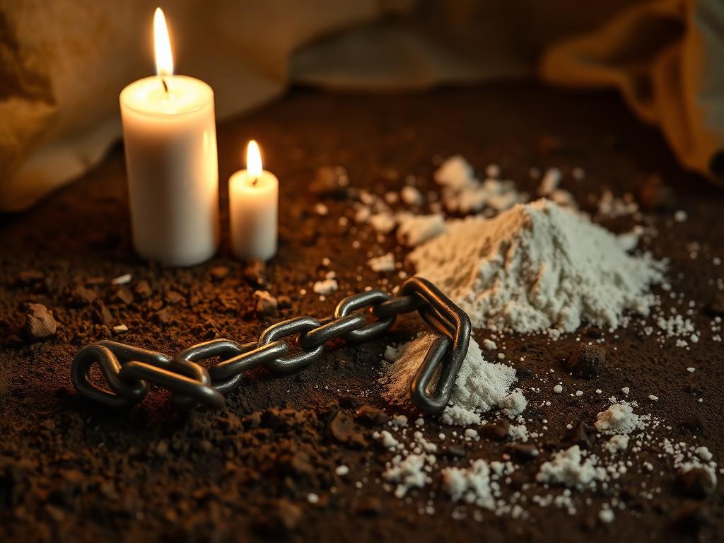 Curse breaking ritual: a snapped iron chain on dark earth beside white candles