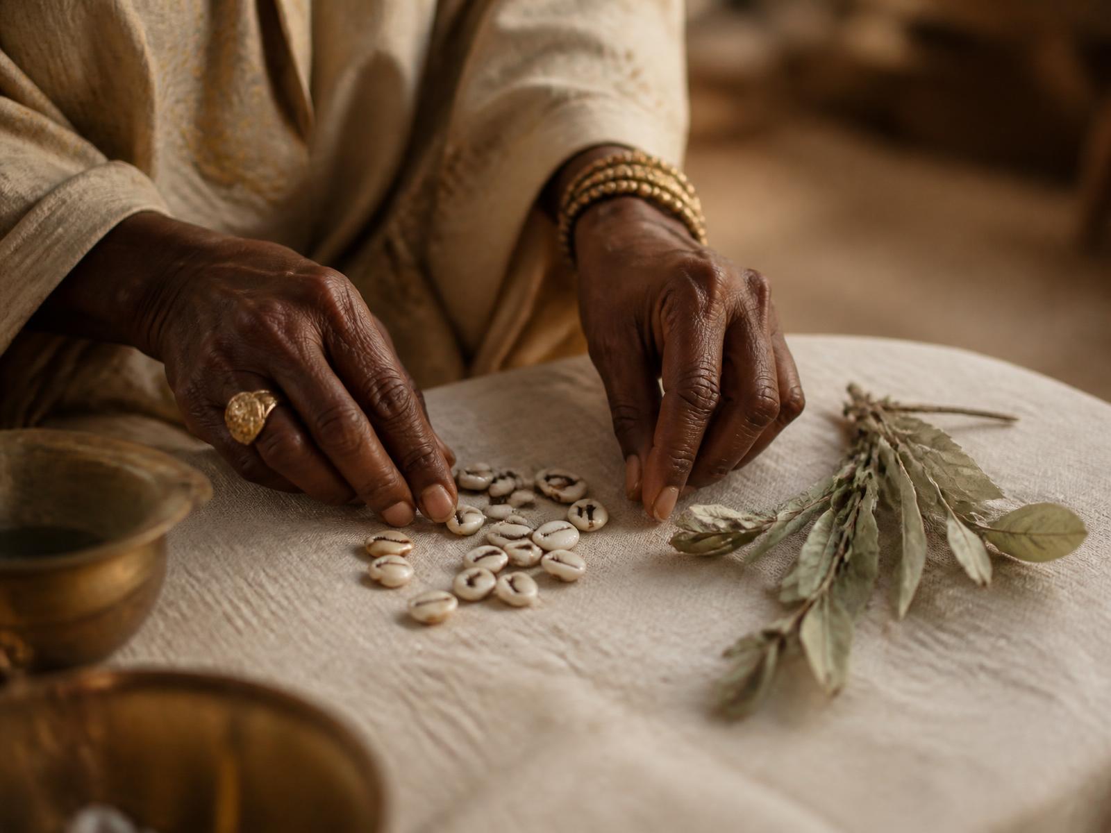 Hands of a traditional healer casting cowrie shells beside dried sage during a reading