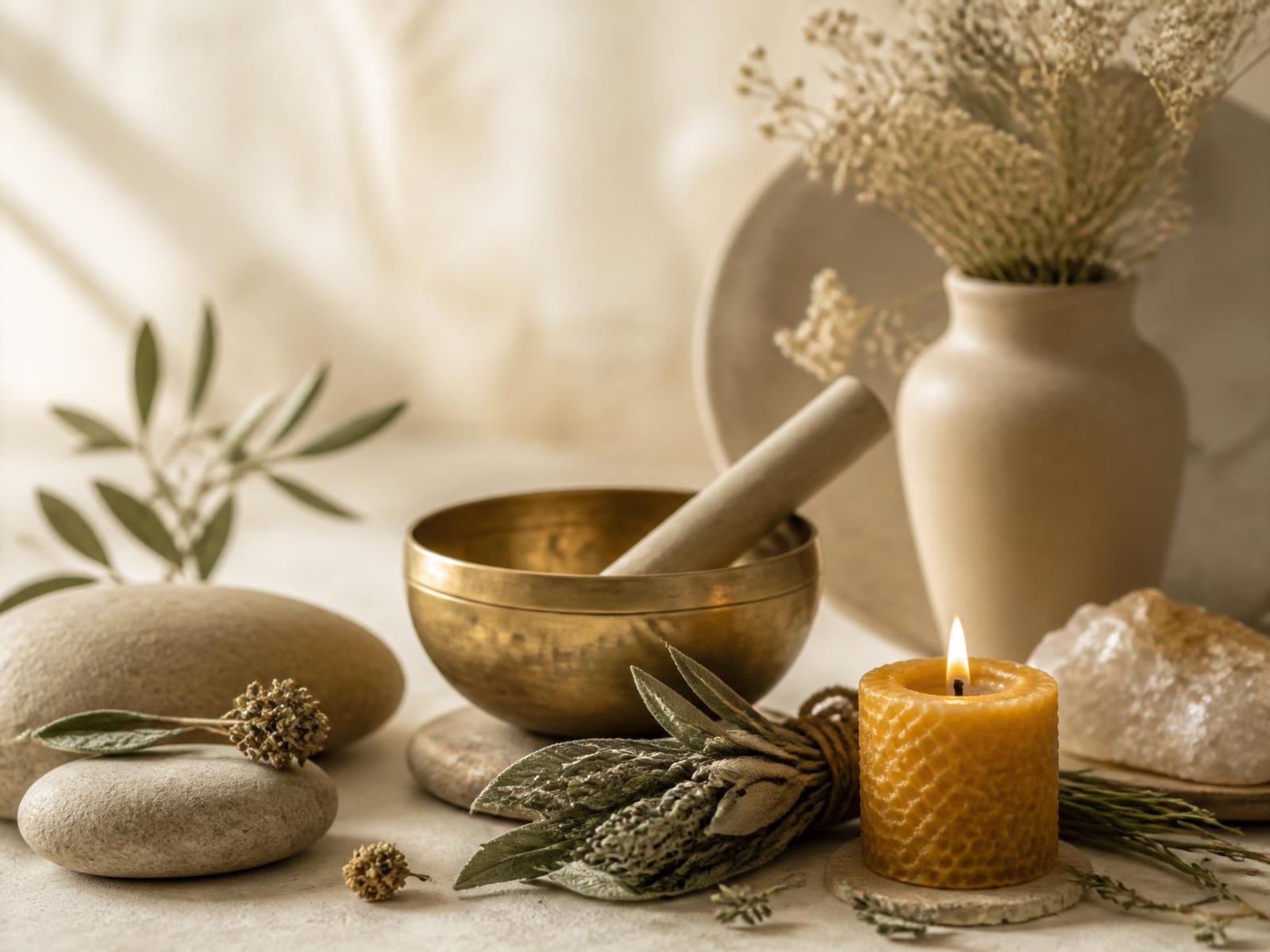 Brass ritual bowl, sage and a beeswax candle arranged on pale linen for a spiritual consultation