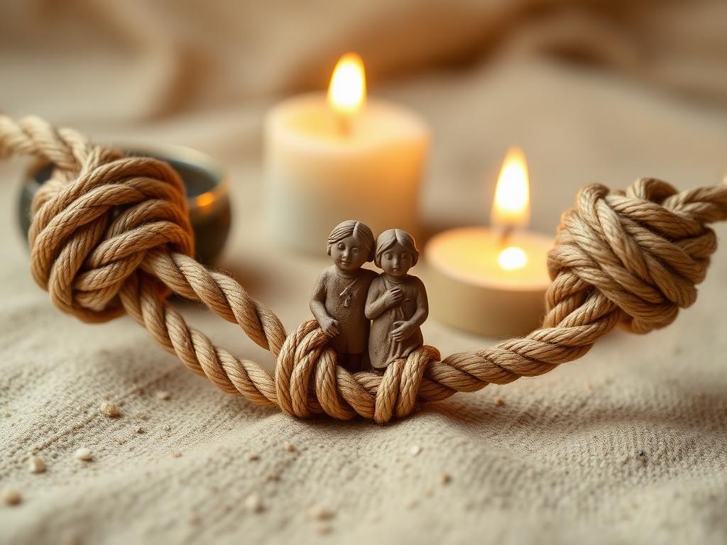 Love binding ritual: two braided cords knotted together beside candlelight