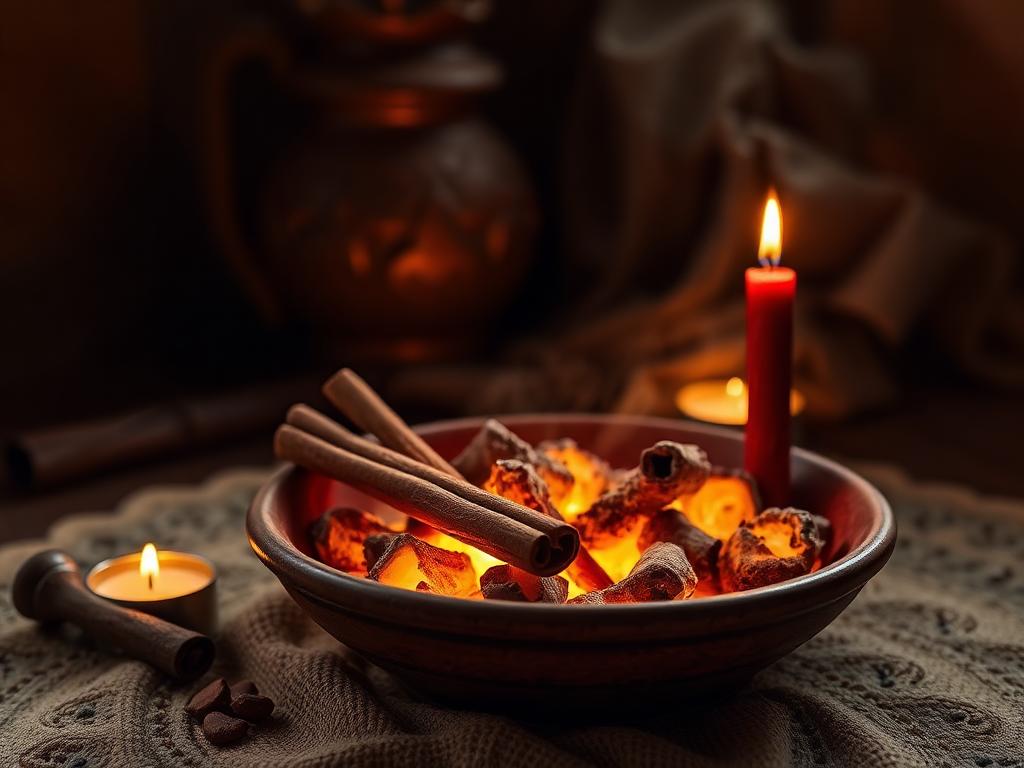 Passion rekindling ritual: glowing embers and cinnamon in a clay dish with a red candle