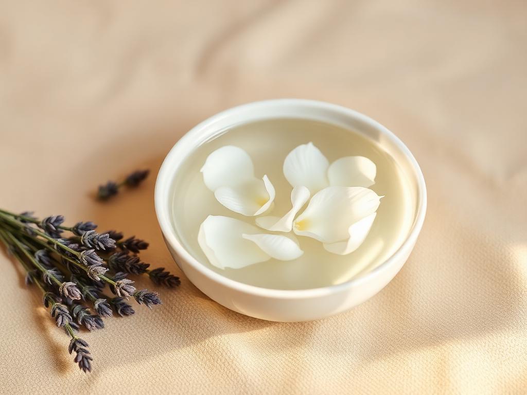 Peace of mind ritual: still water with floating white petals and lavender sprigs
