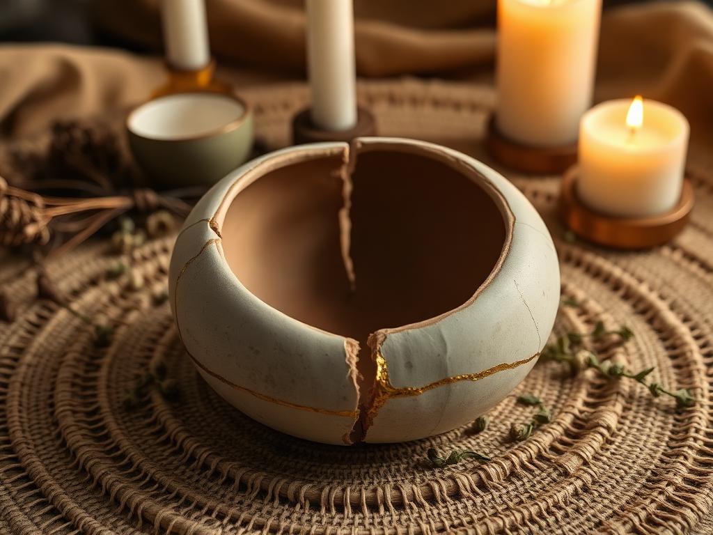 Reconciliation ritual: a broken clay bowl rejoined with a gold seam on a woven mat