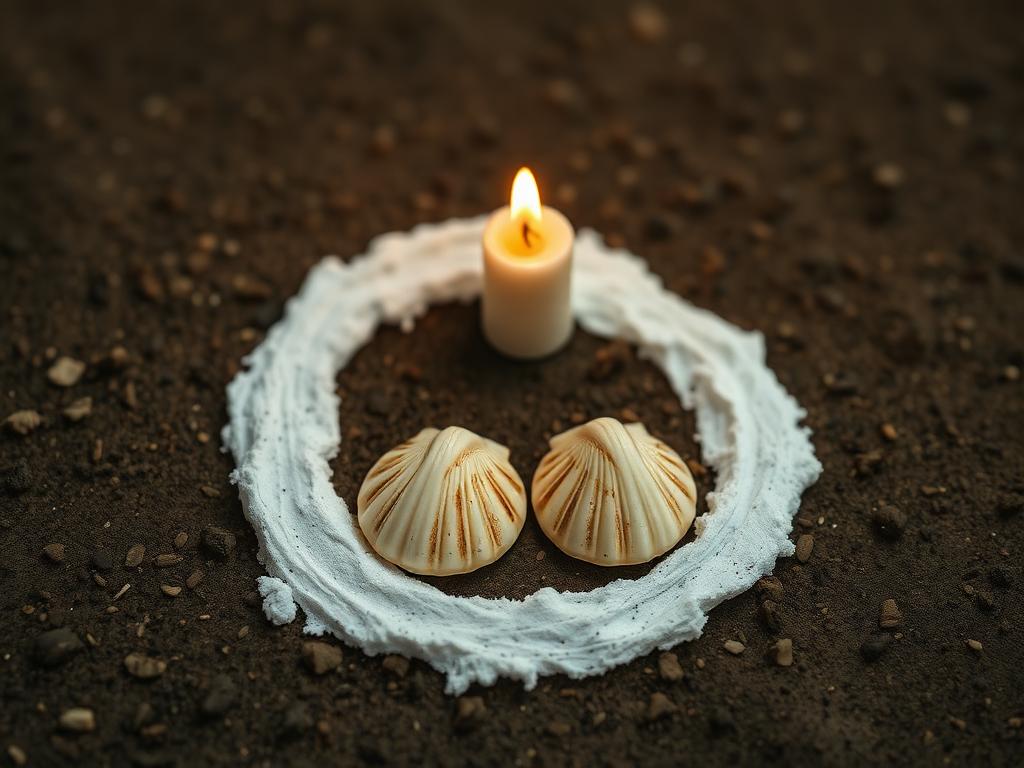 Soulmate attraction ritual: two cowrie shells inside a white chalk circle on dark earth